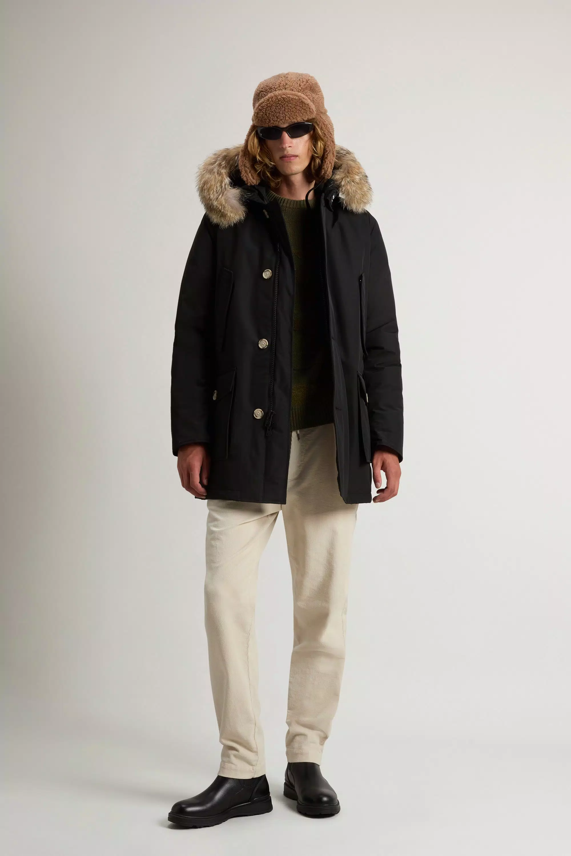 Parka Ártica de Tela Ramar con Borde de Pelo Desmontable - Negro