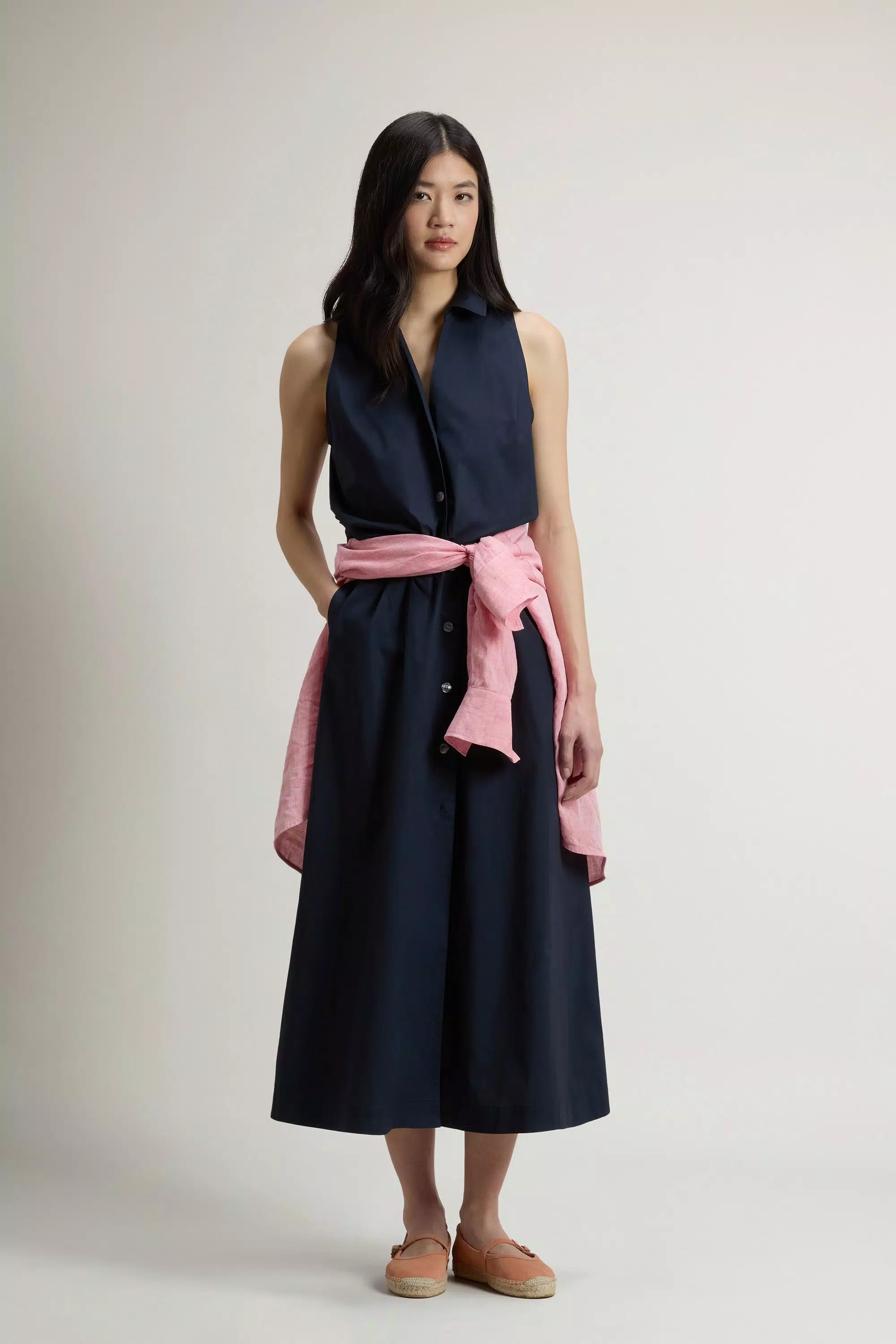 Vestido camisa de popelín de algodón puro con cinturón - Azul Melton
