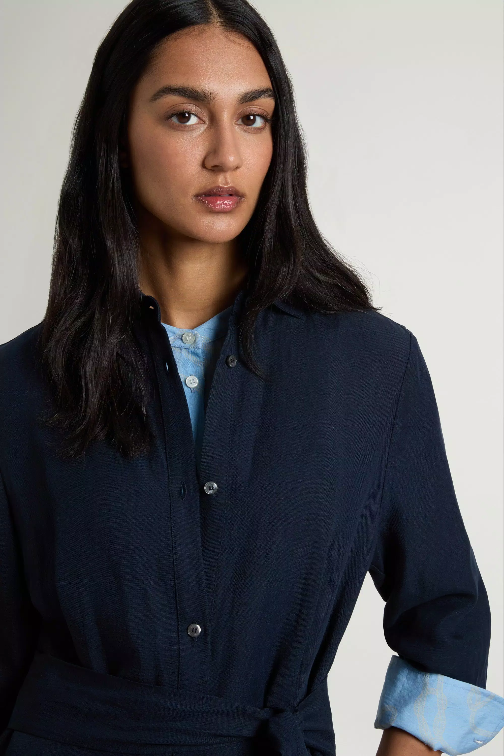 Vestido camisa de mezcla de lino con cinturón - Azul Melton