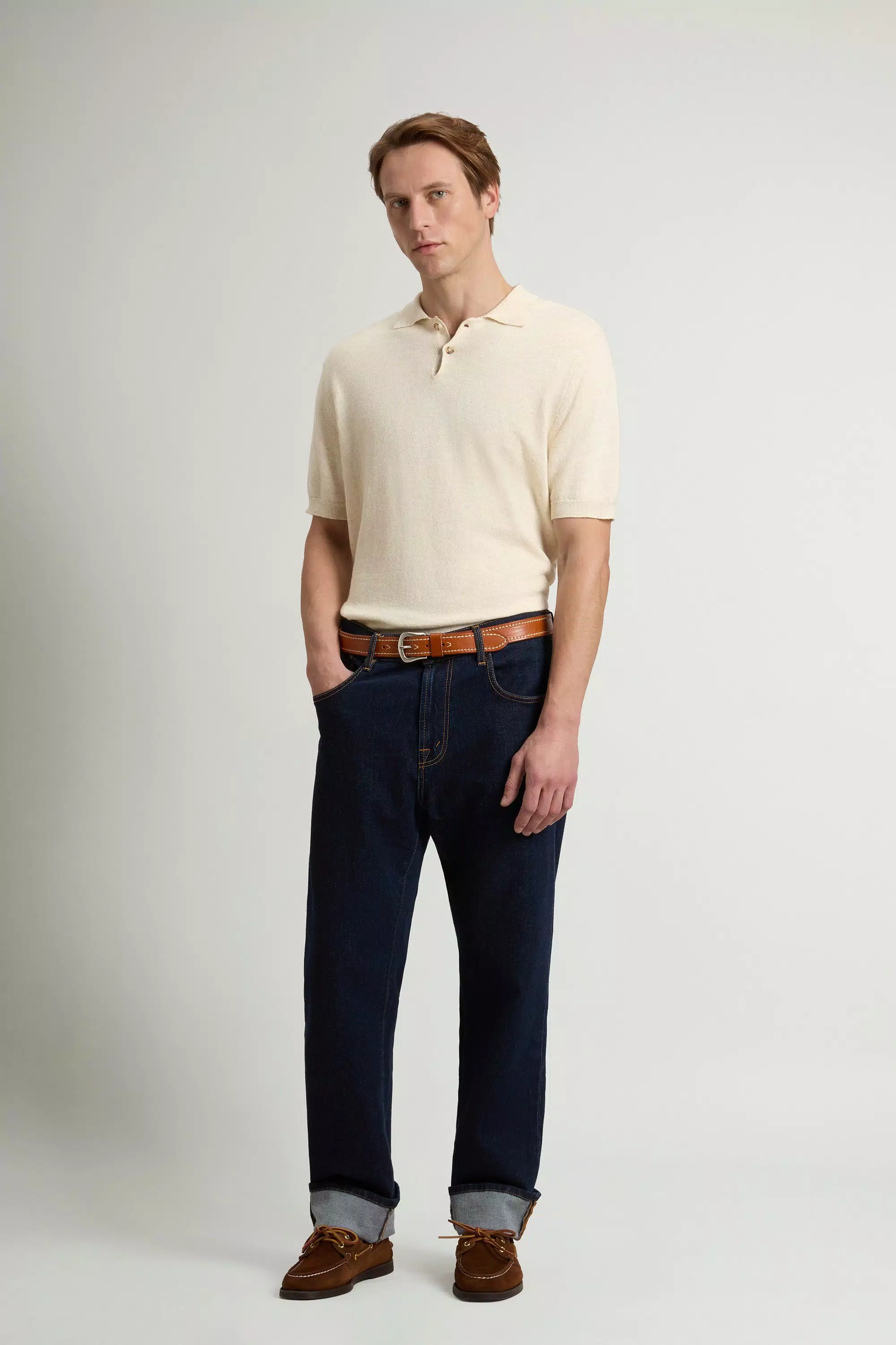 Camiseta de Piqué de Algodón y Lino - Mezcla Crema Leche