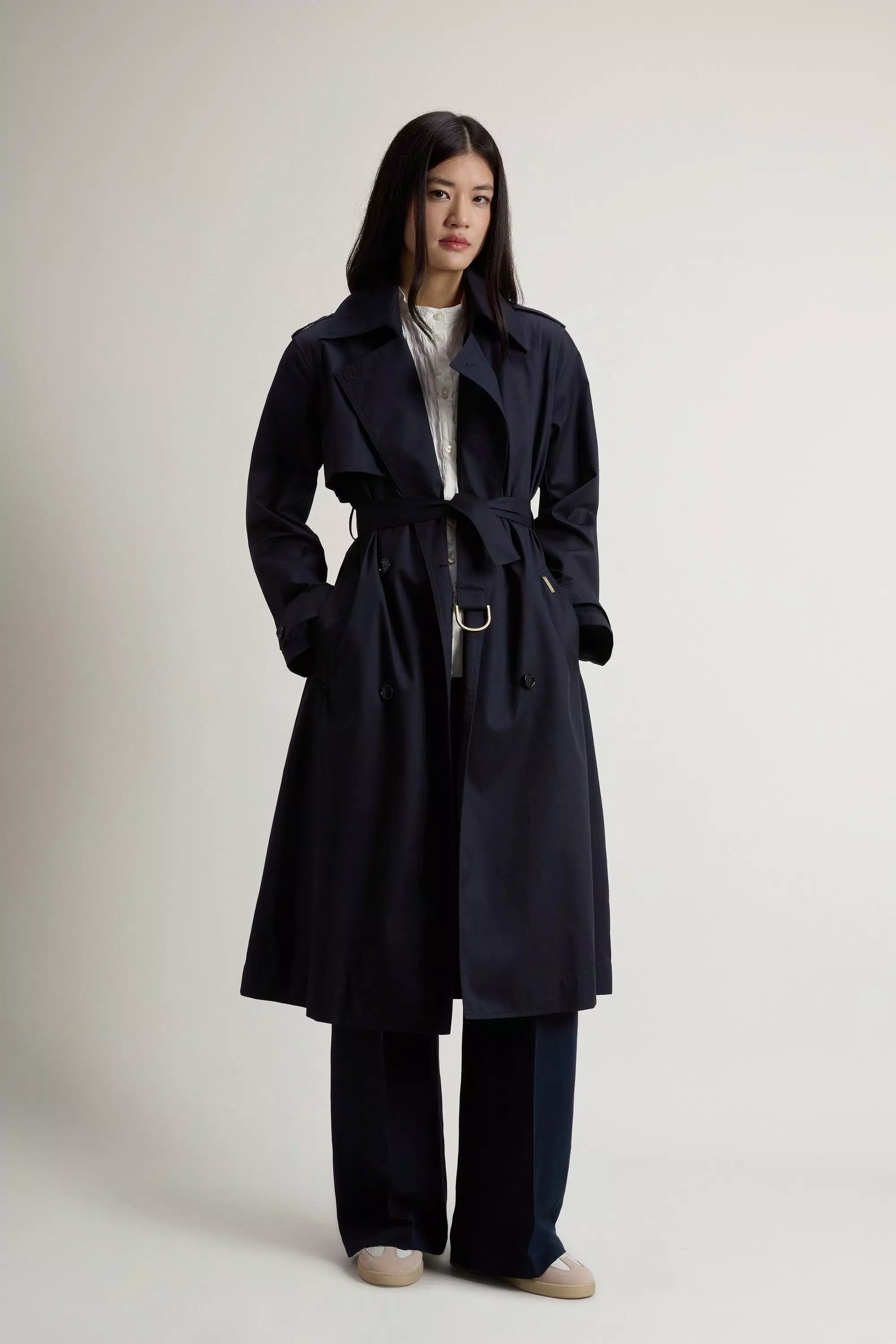 Chaqueta trench de doble botonadura en algodón puro - Azul Melton
