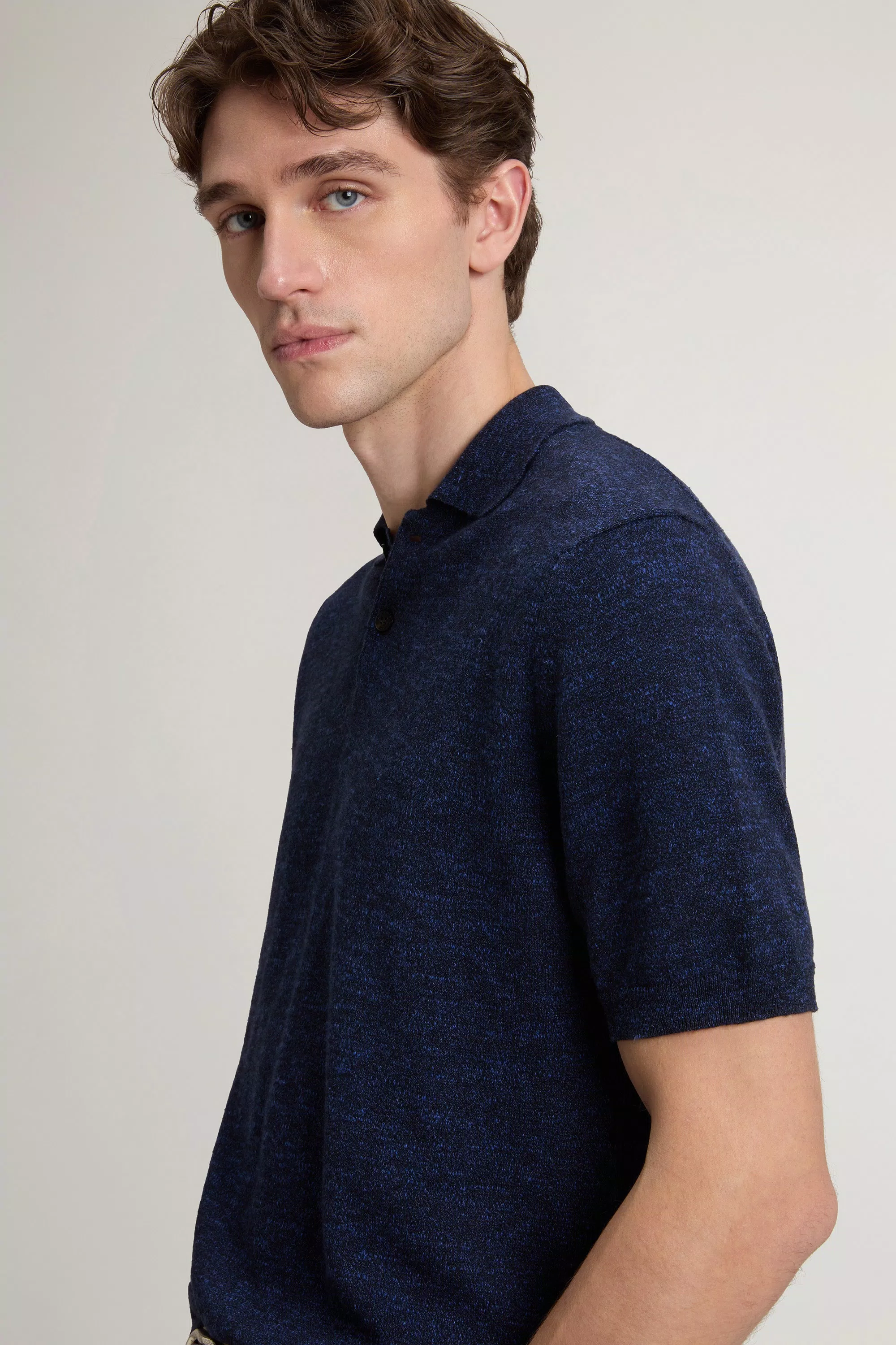 Camiseta de Piqué de Algodón y Lino Mezclado - Melton Azul Melange