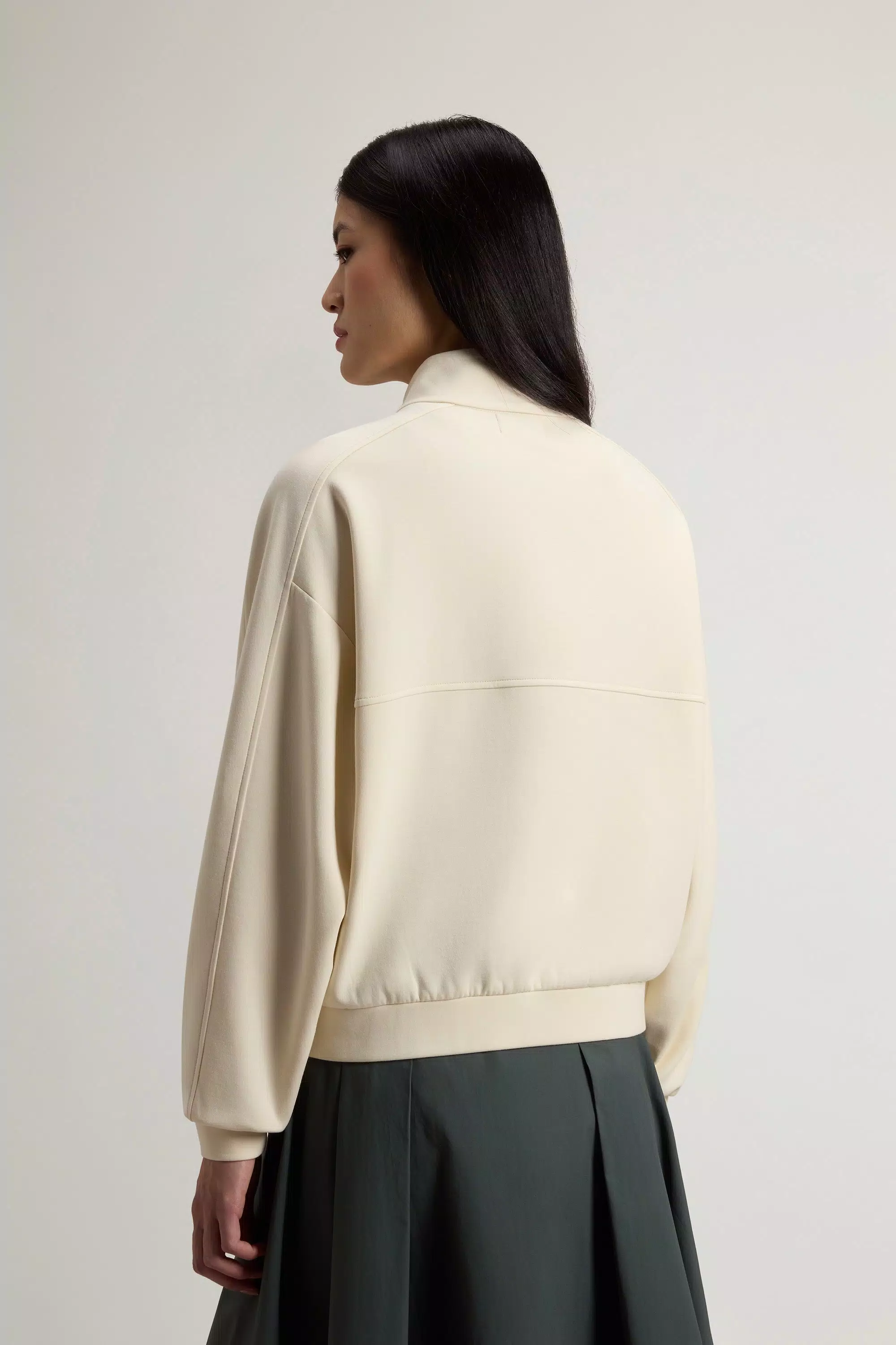 Sudadera con cremallera completa en interlock de mezcla de algodón - Crema lechosa