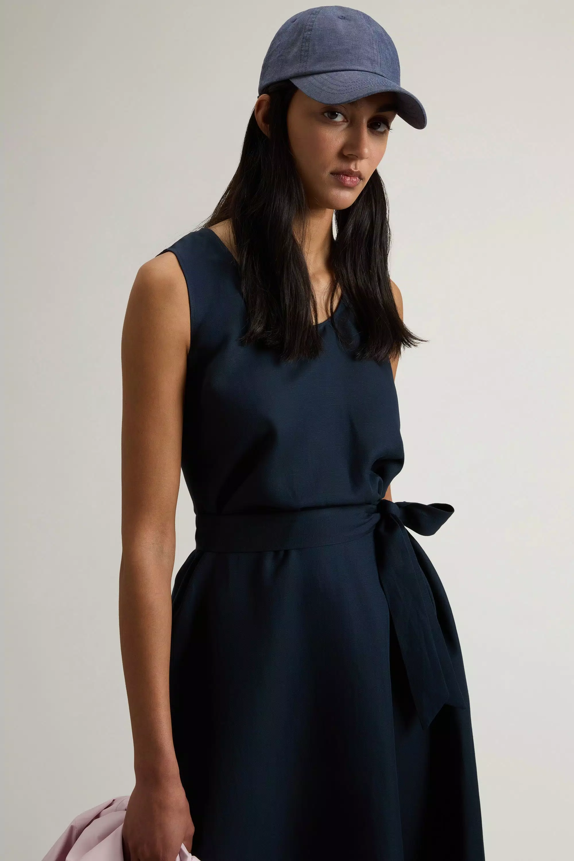 Vestido sin mangas de mezcla de lino con cinturón - Azul Melton