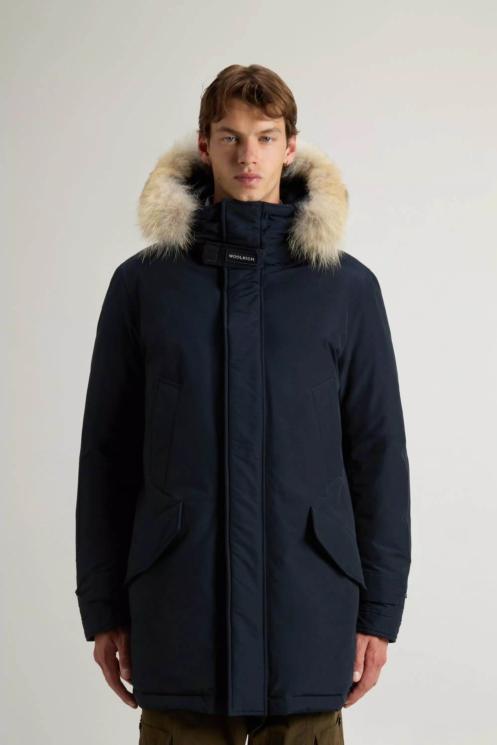 Parka Polar en Tela Ramar con Cuello Alto y Borde de Pelo - Azul Melton