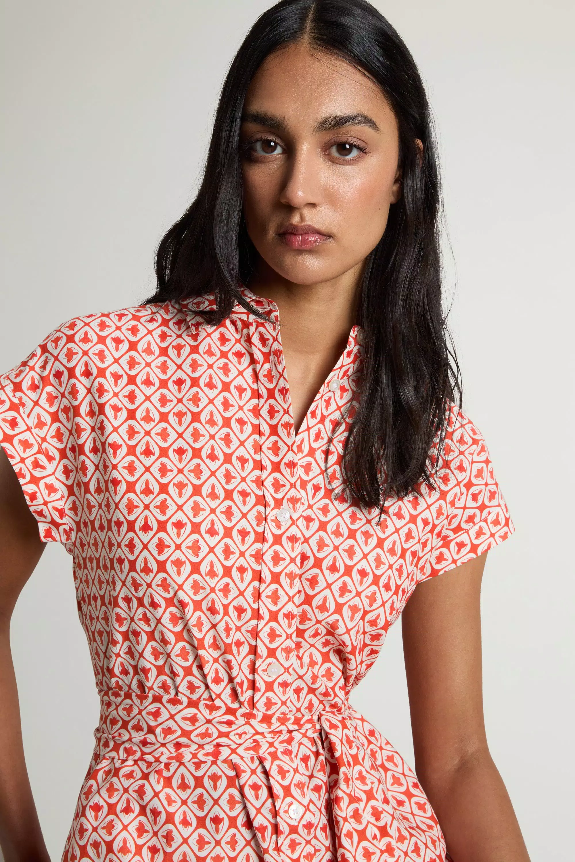 Vestido camisa de mezcla de algodón con cinturón - Paprika Tile Bloom