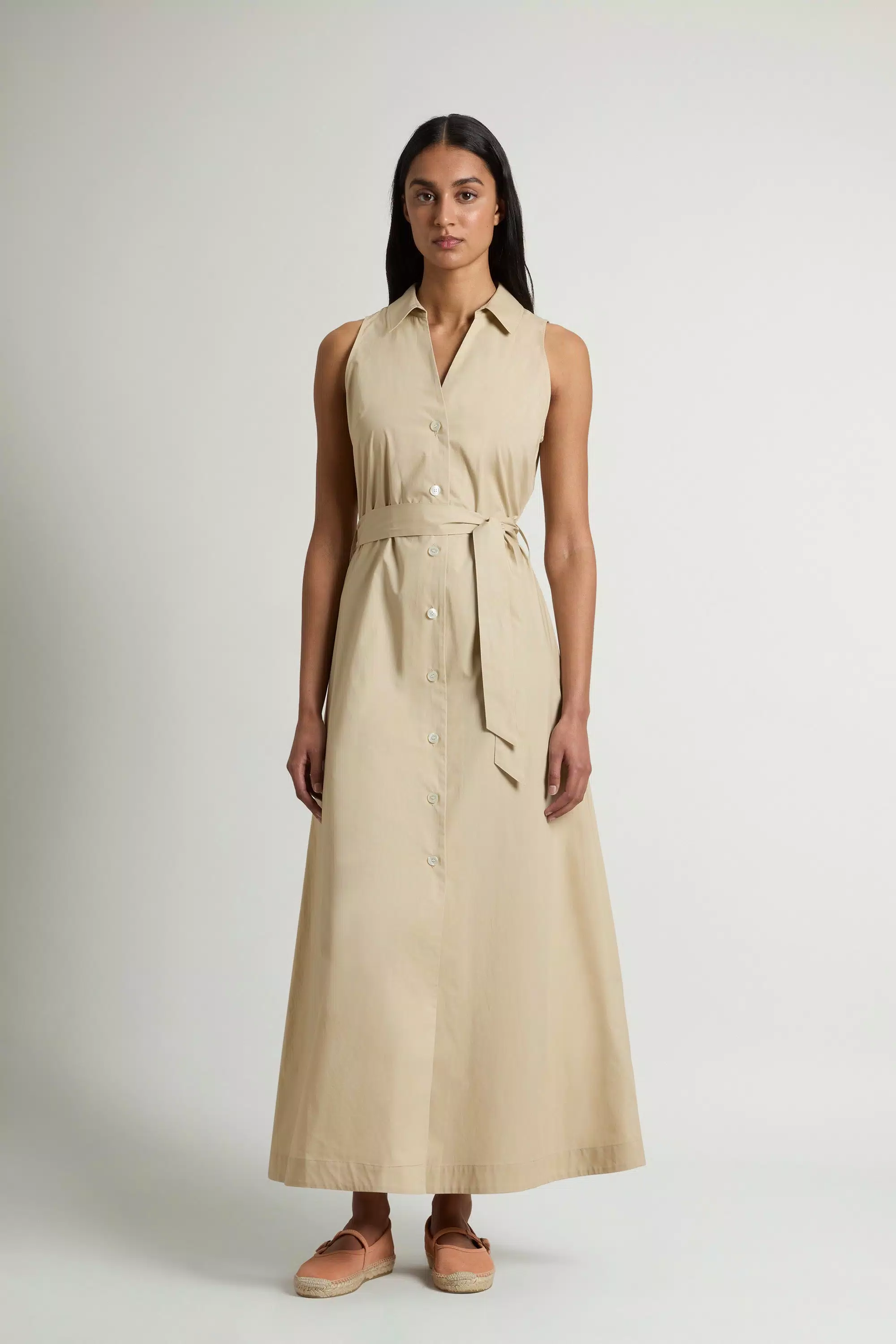 Vestido camisa de popelín de algodón puro con cinturón - Blanco pimienta