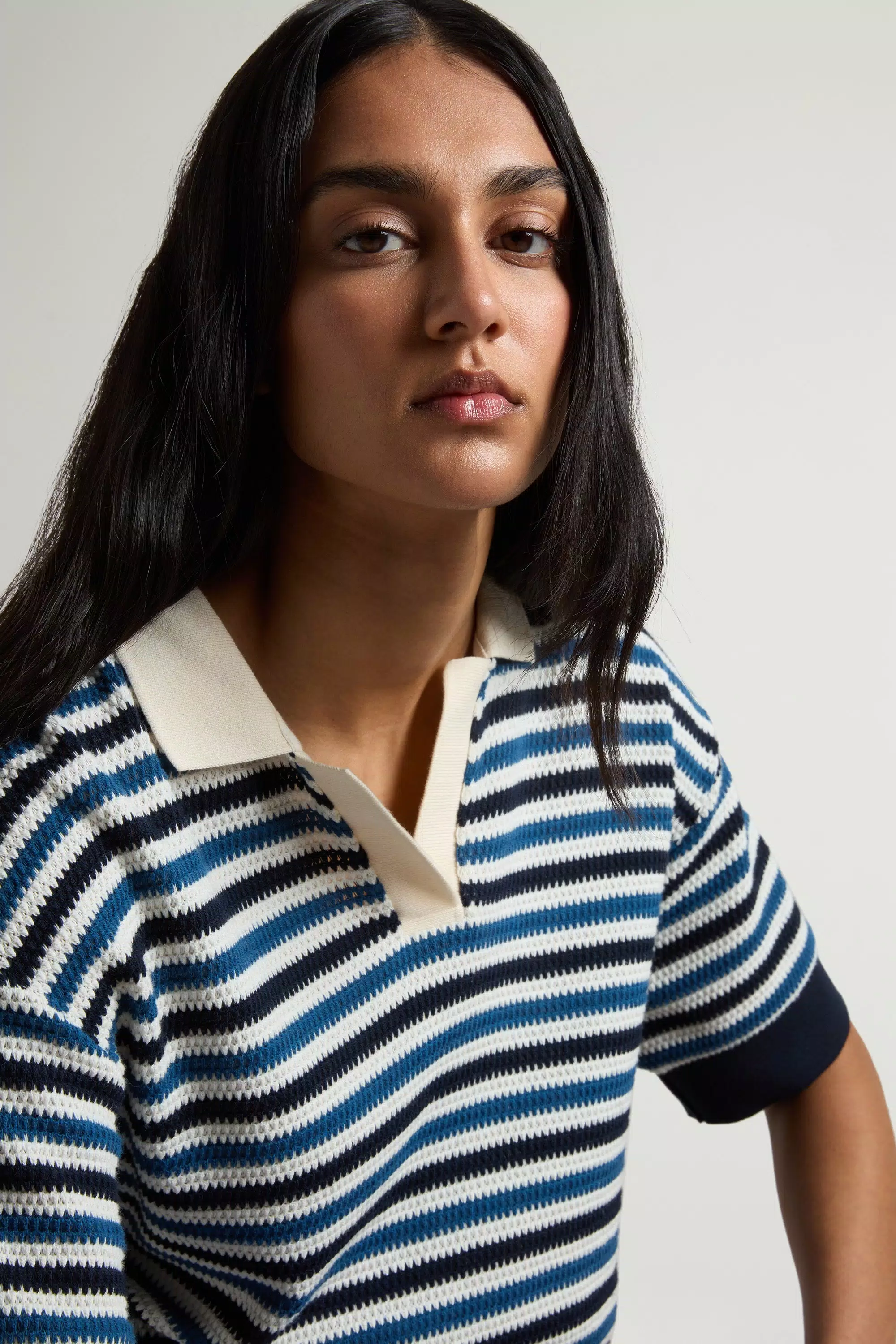 Camiseta de Piqué de Mezcla de Algodón con Rayas - Rayas Azul Melton