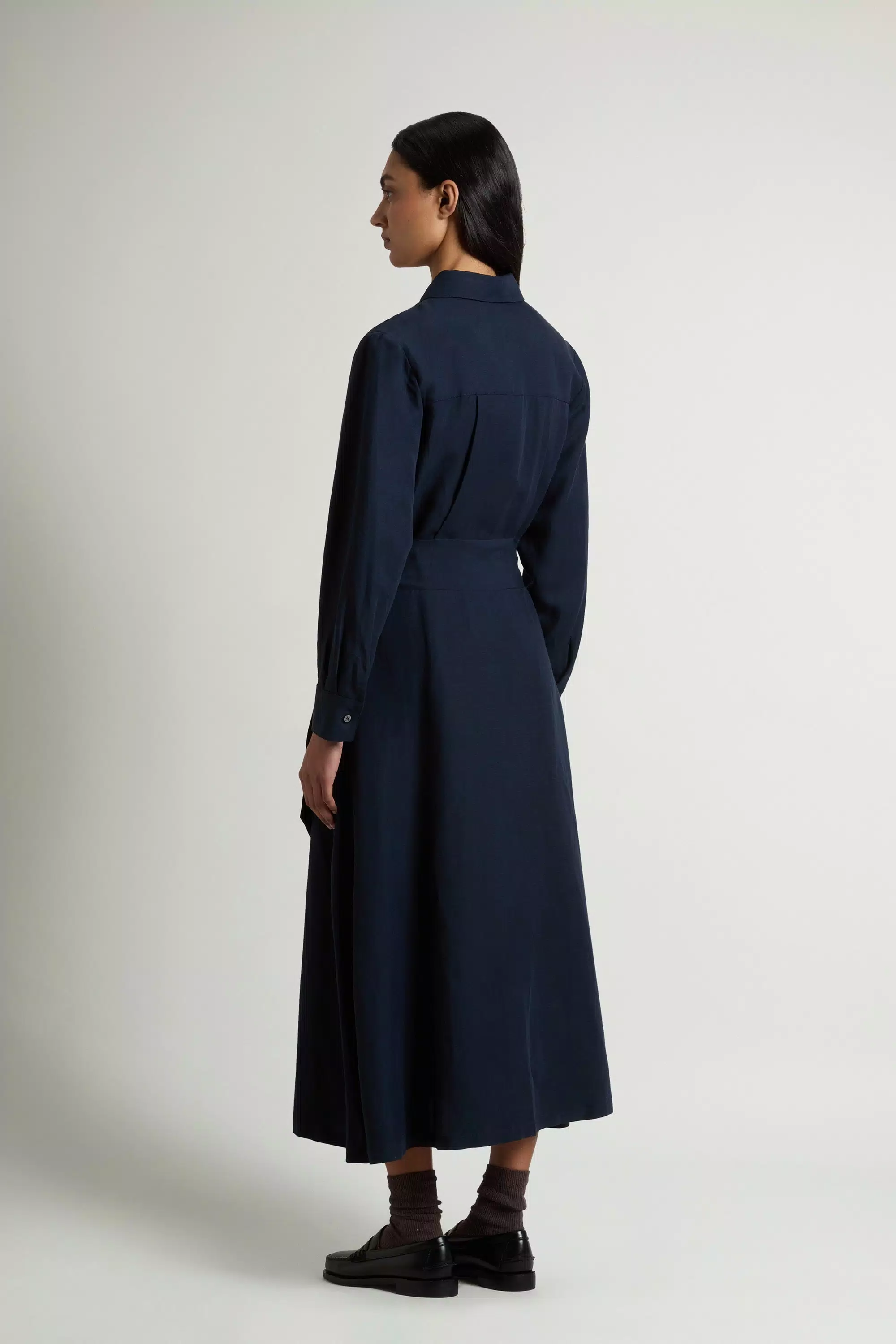 Vestido camisa de mezcla de lino con cinturón - Azul Melton