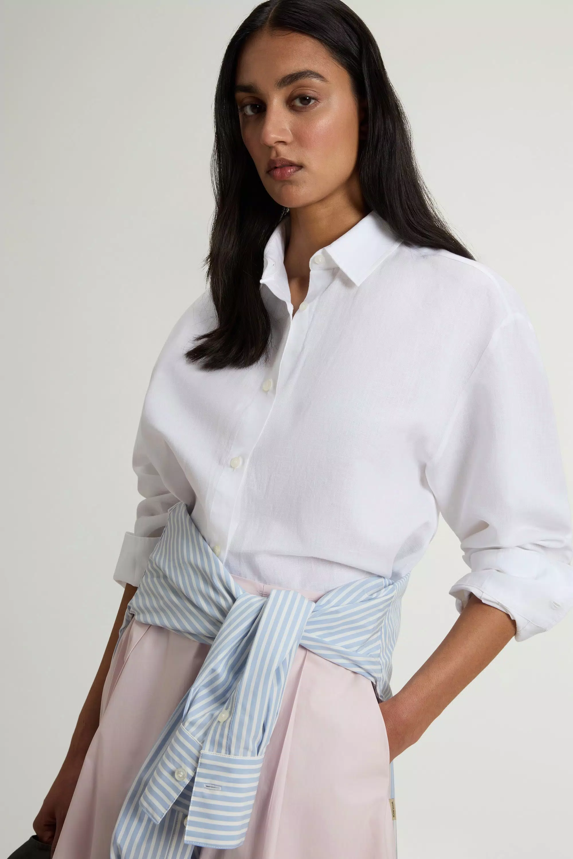 Camisa Boyfriend de Mezcla de Algodón y Lino - Blanco Oxford