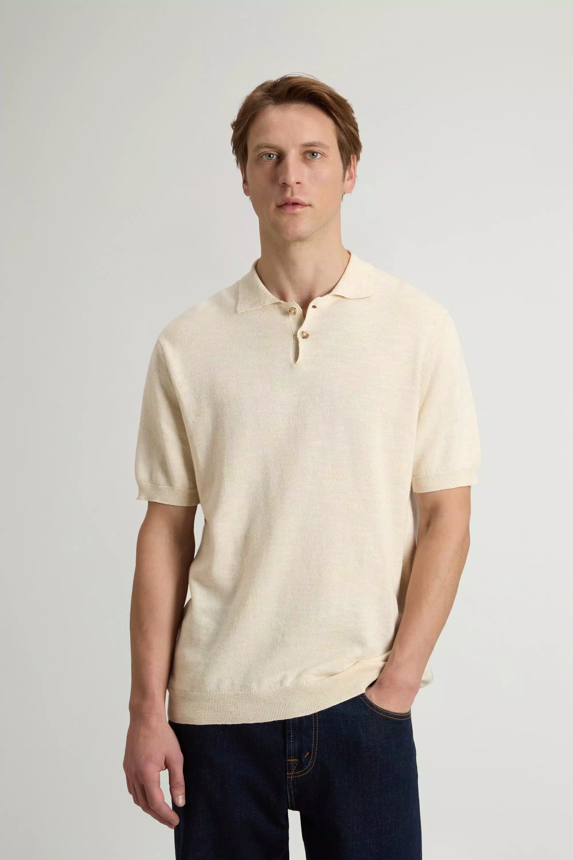 Camiseta de Piqué de Algodón y Lino - Mezcla Crema Leche