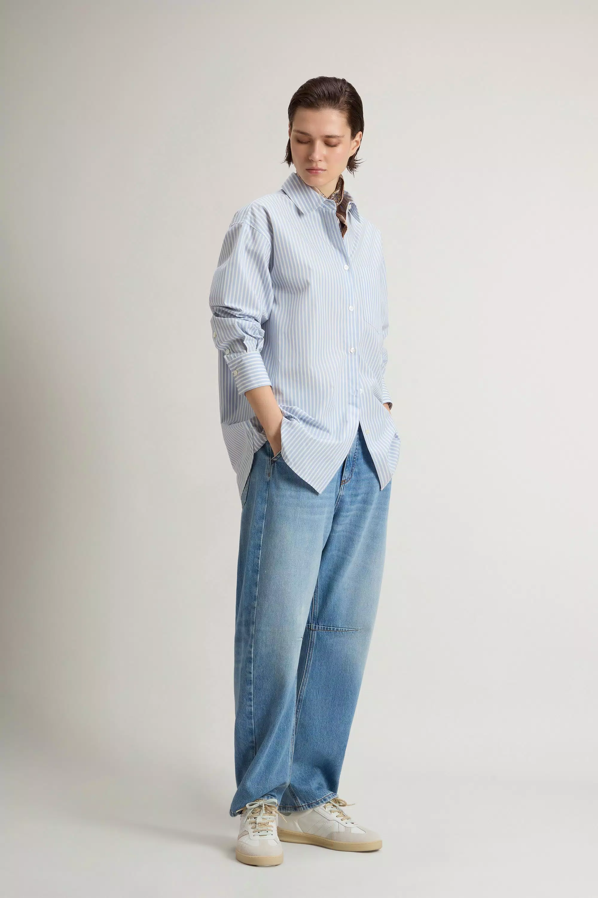 Camisa Boyfriend en Popelín de Algodón Puro Estampado de Rayas - Rayas Azul Aromático