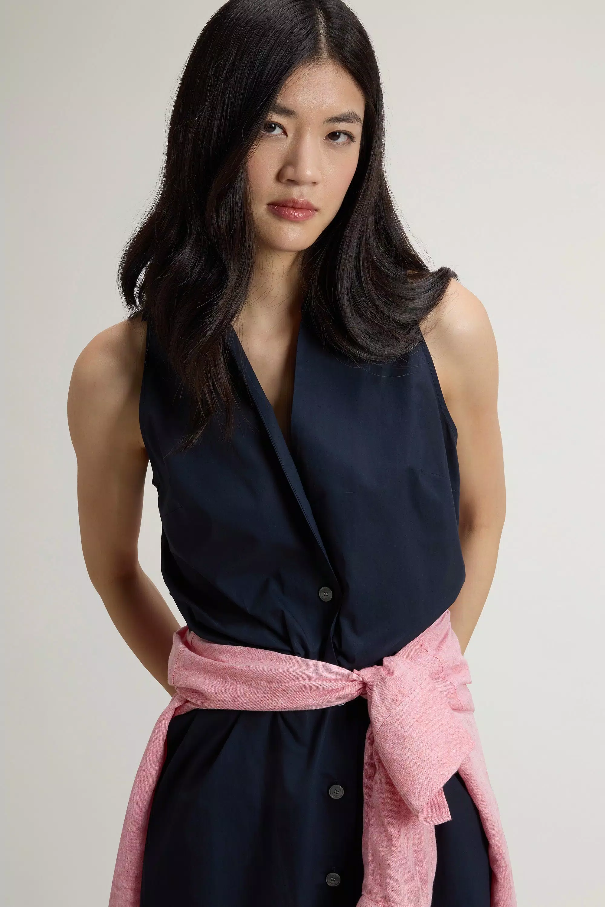 Vestido camisa de popelín de algodón puro con cinturón - Azul Melton