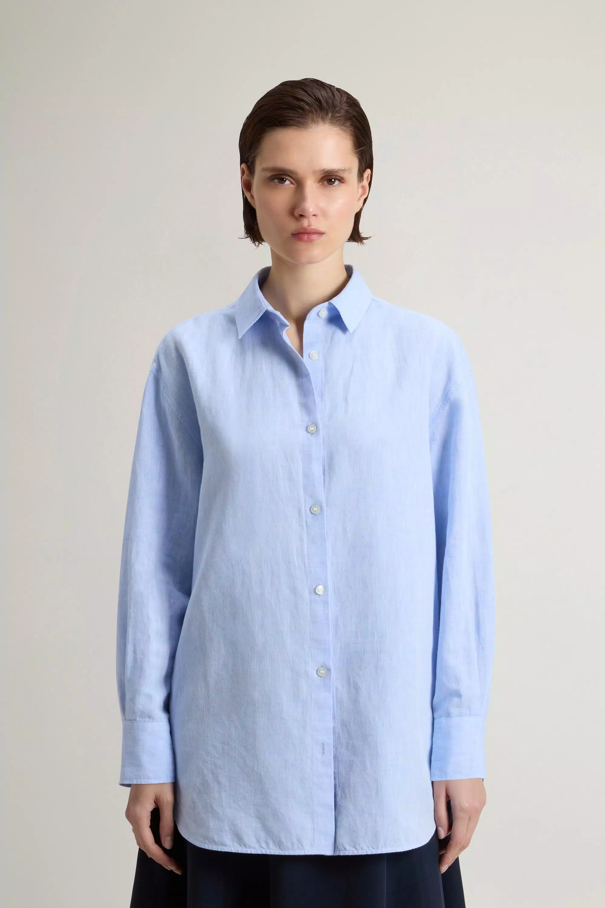 Camisa Boyfriend en Mezcla de Algodón y Lino - Azul Oxford