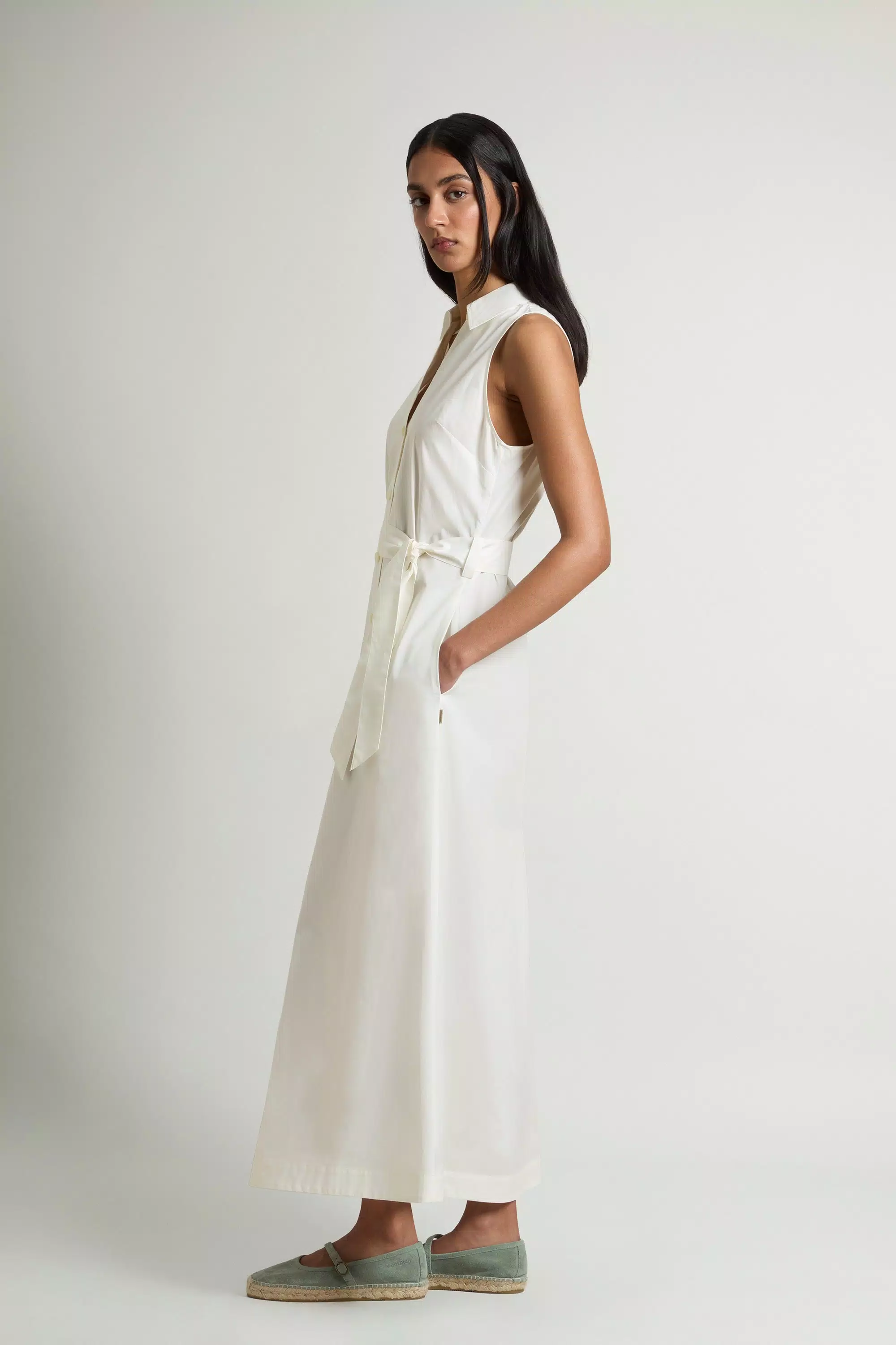 Vestido camisa de popelín de algodón puro con cinturón - Blanco Ártico