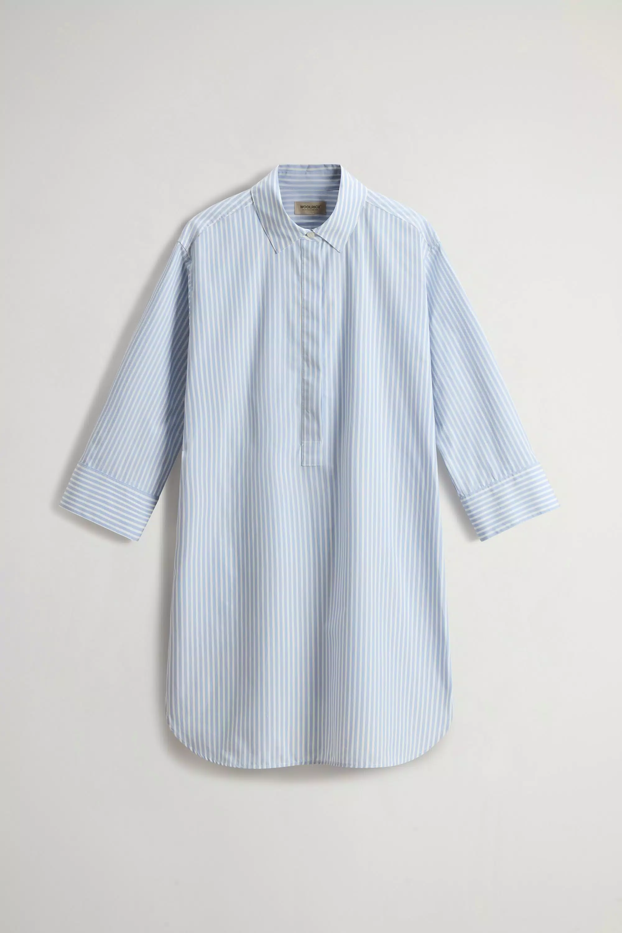Vestido de cuello granddad en popelín de algodón puro rayado - Rayas azul brisa