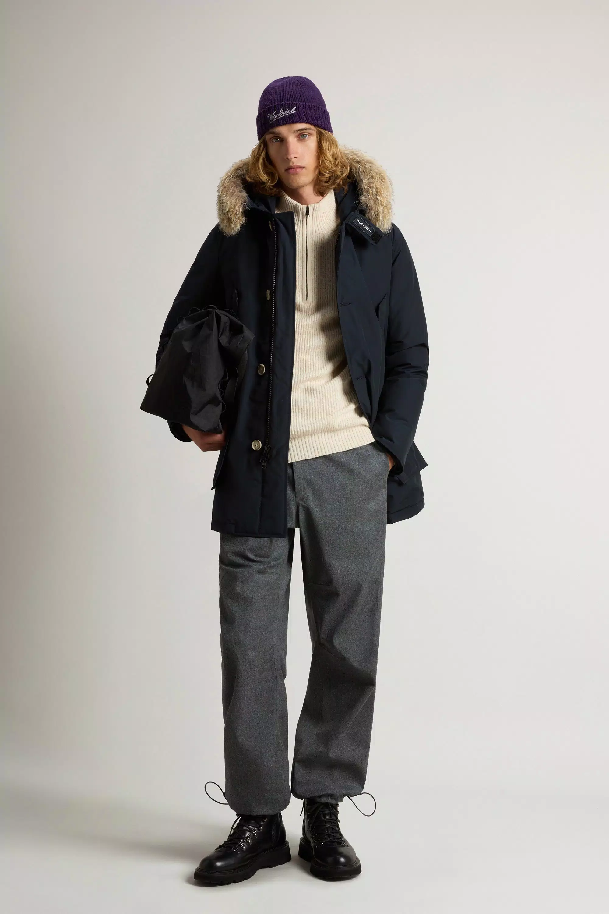 Parka Ártica de Tela Ramar con Borde de Piel Desmontable - Azul Melton