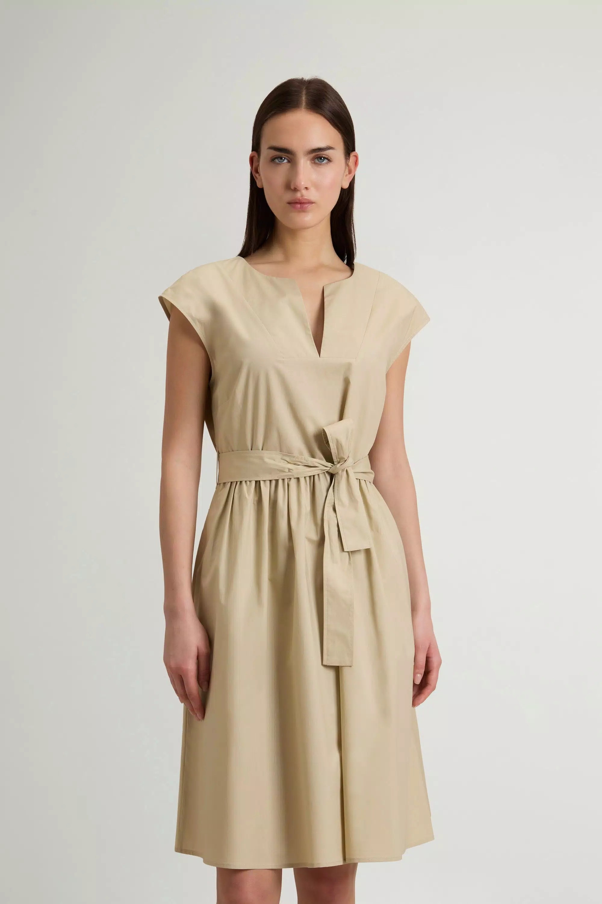 Vestido de popelín de algodón puro con cinturón - Blanco Pimienta