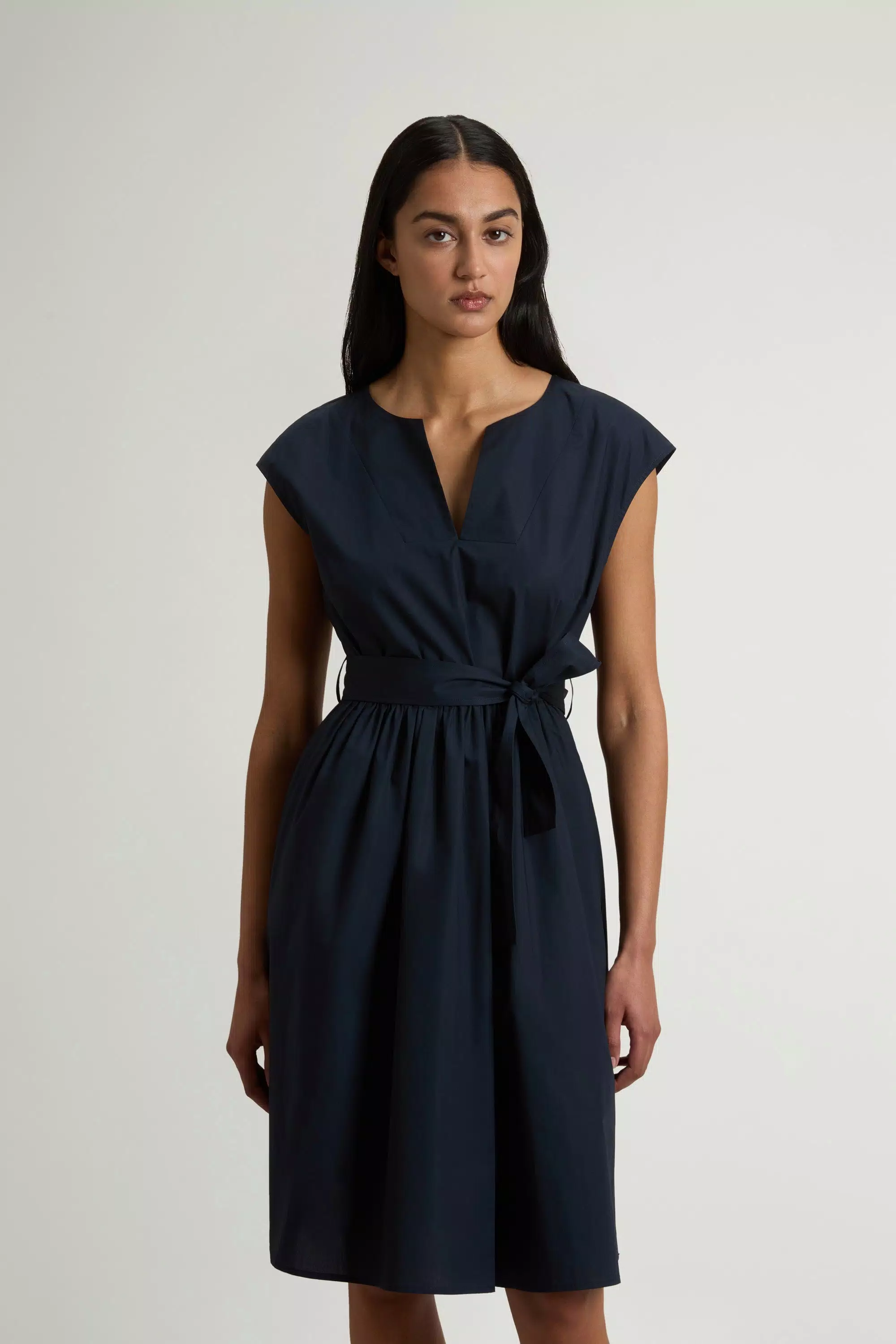 Vestido de popelín de algodón puro con cinturón - Azul Melton