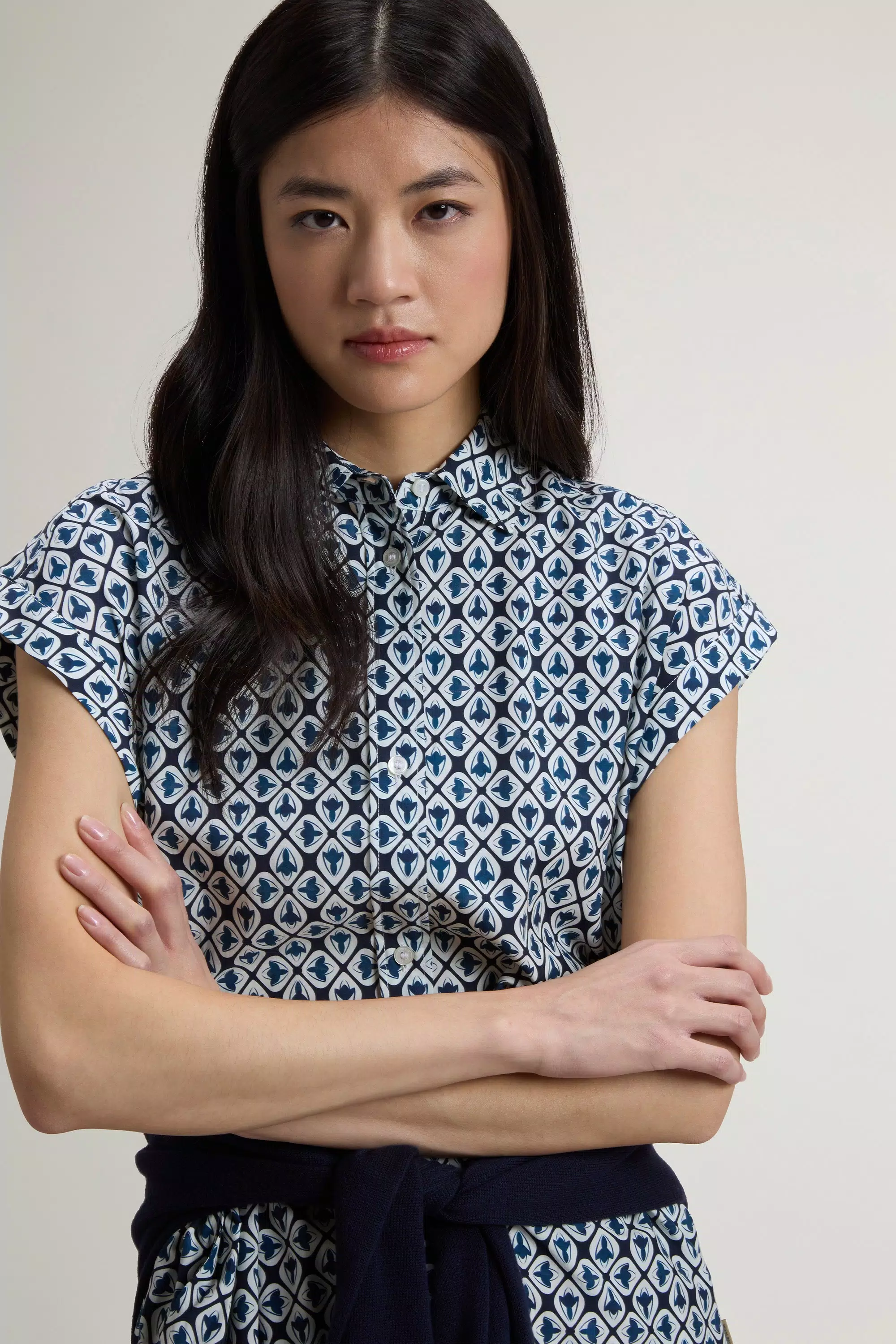 Vestido camisa de mezcla de algodón con cinturón - Azul Tile Bloom