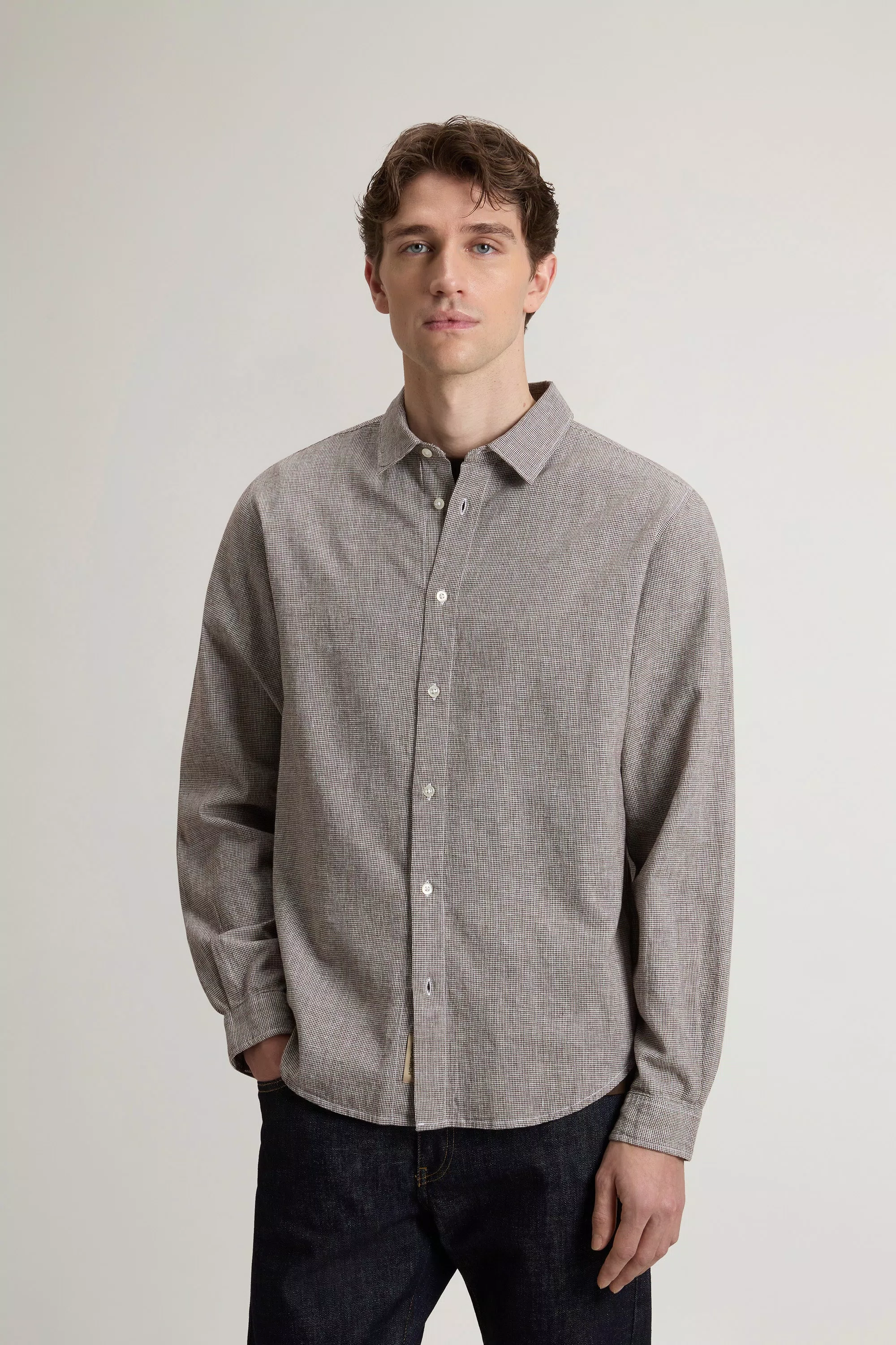 Camisa de mezcla de algodón y lino - Pied de Poule marrón