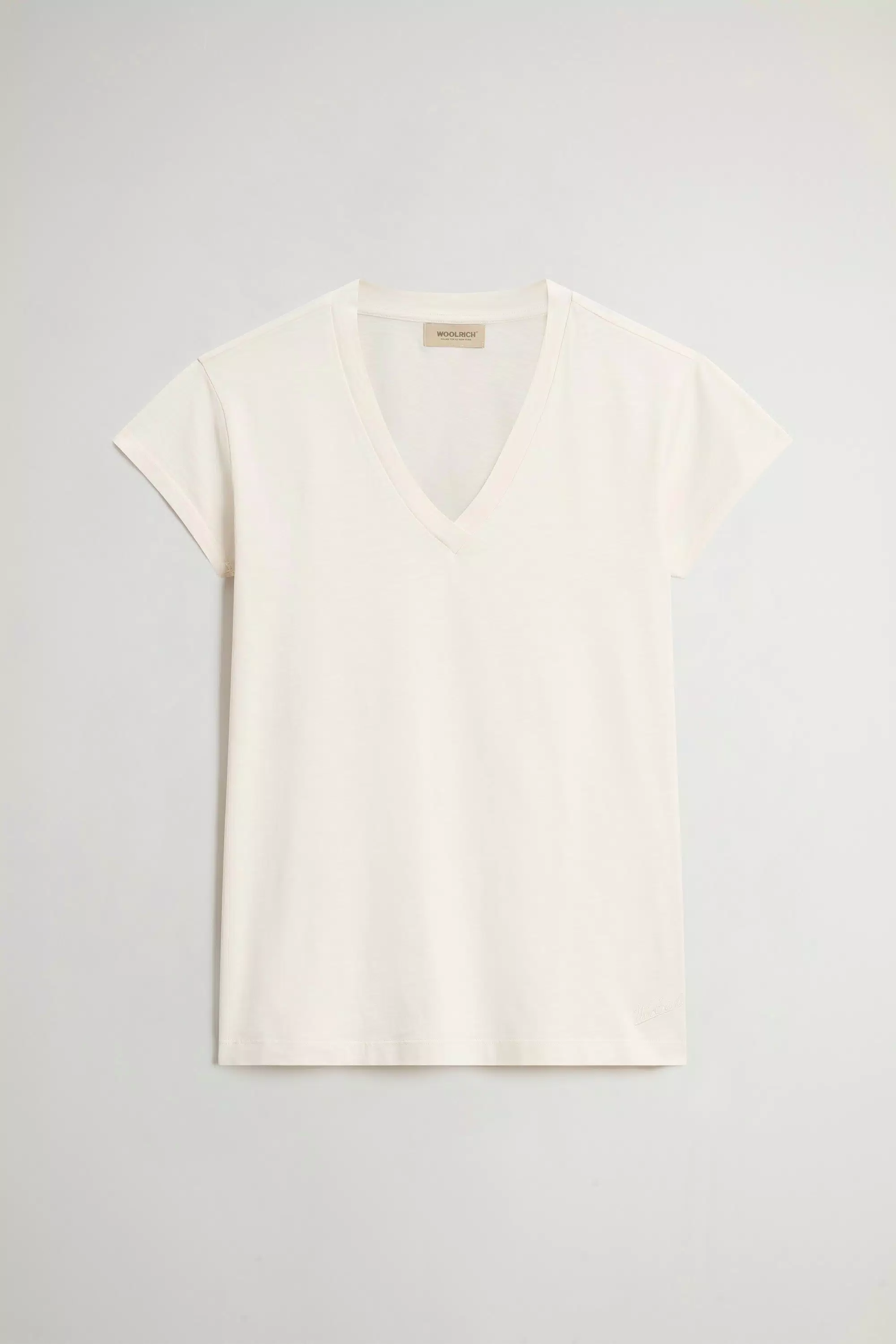 Camiseta con cuello en V de tejido de algodón puro con textura slub - Crema Leche