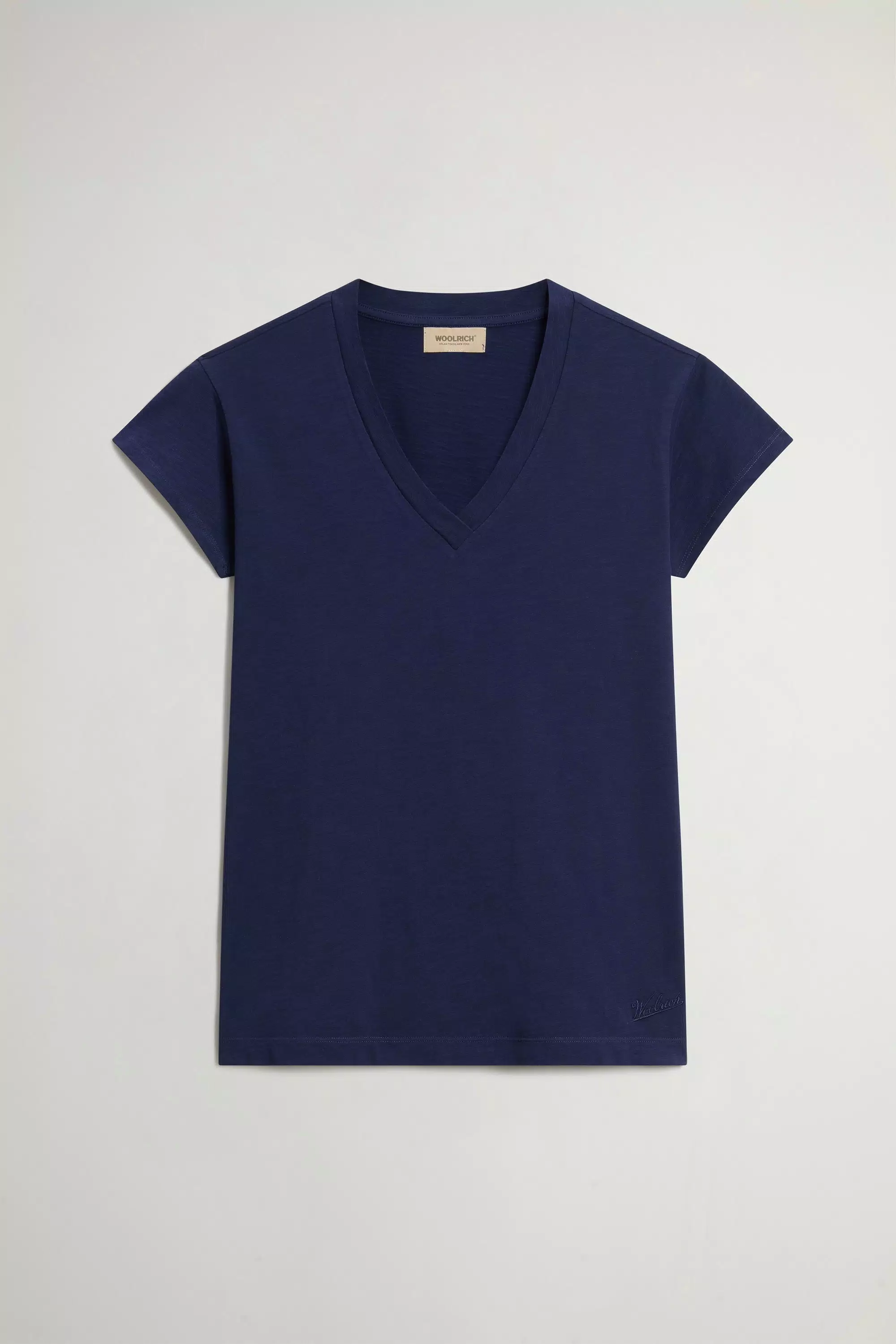 Camiseta con cuello en V de tejido de algodón puro con textura slub - Azul marino