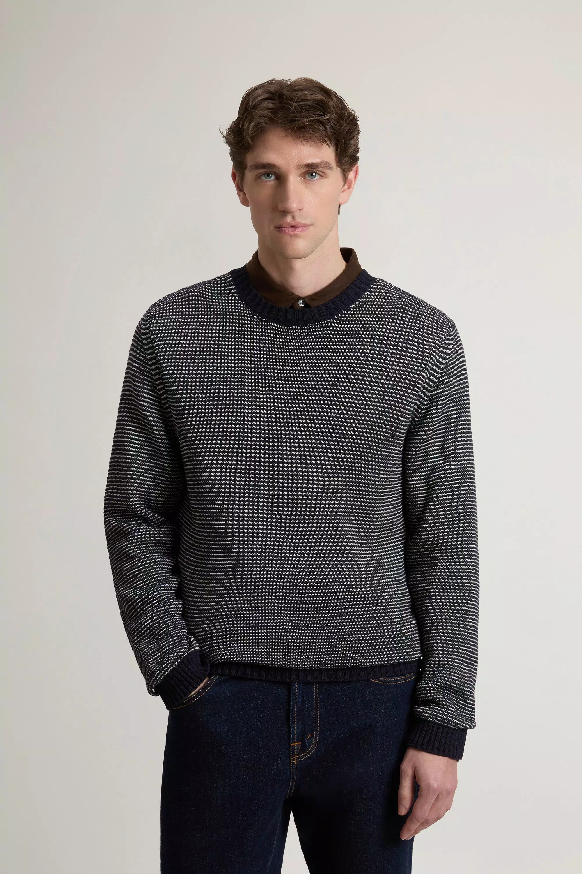 Sweater de cuello redondo con rayas en mezcla de algodón - Rayas azules