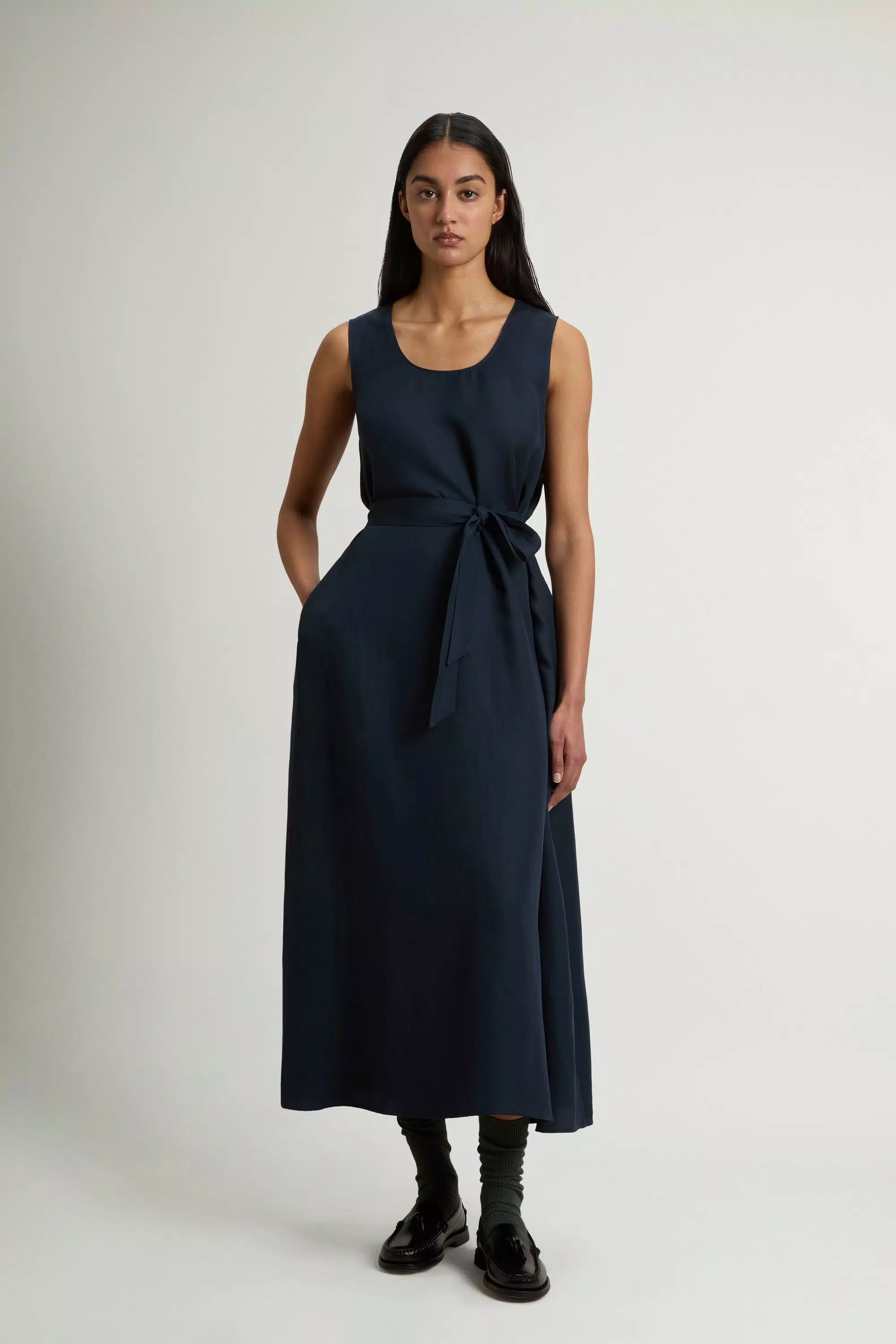 Vestido sin mangas de mezcla de lino con cinturón - Azul Melton