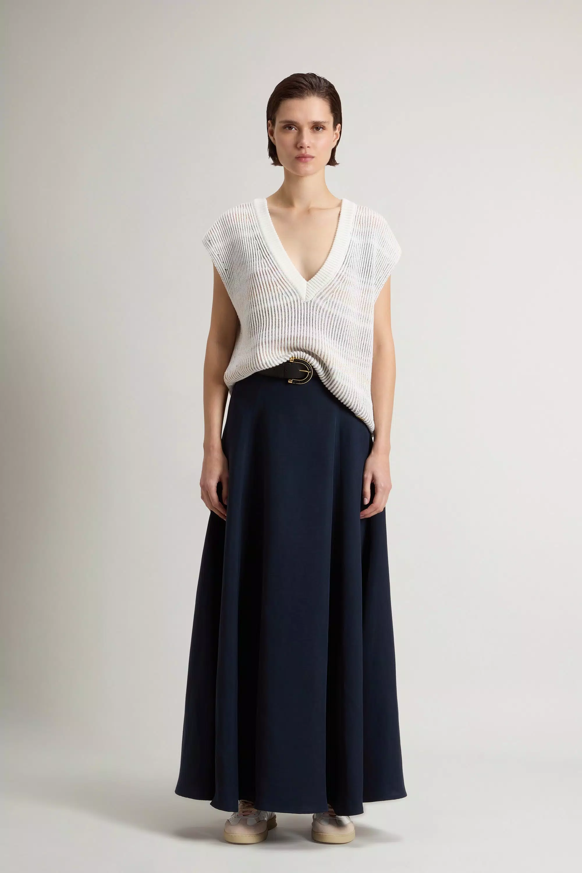 Sweater sin mangas de cuello en V en mezcla de algodón - Blanco Pimienta Vanise